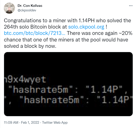 Publication Twitter Con Kolivas - félicitations au mineur solo de bitcoins qui, avec 1,14 PH/s, a résolu le 264ème bloc