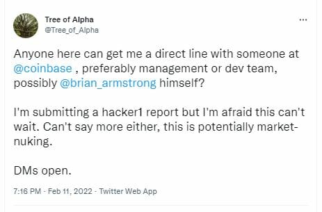 Piratage évité sur Coinbase grâce à une alerte de Tree of Alpha