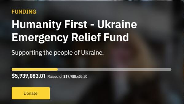 Fonds d’urgence pour l’Ukraine, presque 6 millions de dollars collectés par Binance Charity