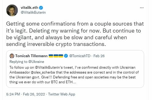 Vitalik Buterin confirme l'appel au don en cryptomonnaies de l'Ukraine, tout en appelant à la vigilance.
