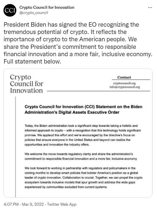  Le Crypto Council for Innovatio est optimiste face au décret de Joe Biden