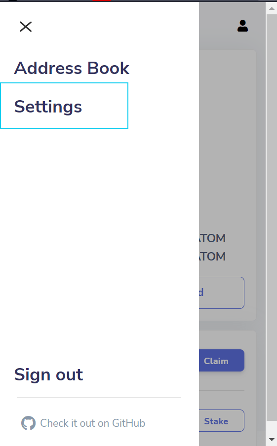 L'accès aux paramètres se fait par l'intermédaire de settings, après avoir cliqué sur les trois barres en haut à gauche du wallet