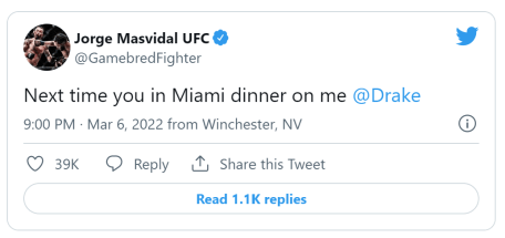 Tweet of Jorge Masvidal inviting Drake to eat after he bet on him.
