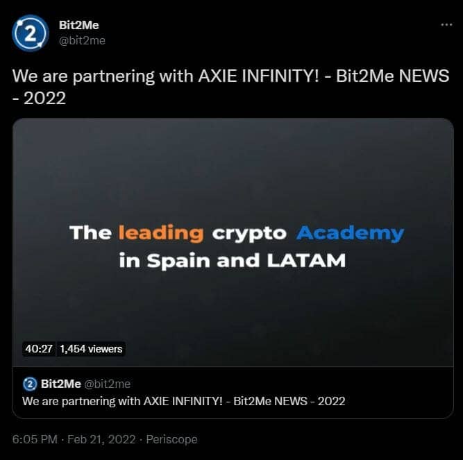 Bit2Me annonce son partenariat avec le jeu play to earn Axie Infinity