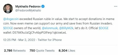 Tweet du vice-président ukrainien Mykhailo Fedorov annonçant accepter le DOT pour des dons crypto.