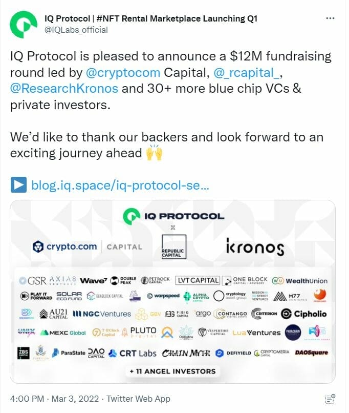 Tweet d'IQ Protocol célébrant la réussite d'une levée de fonds de 12 millions de dollars pour continuer de développer son application.