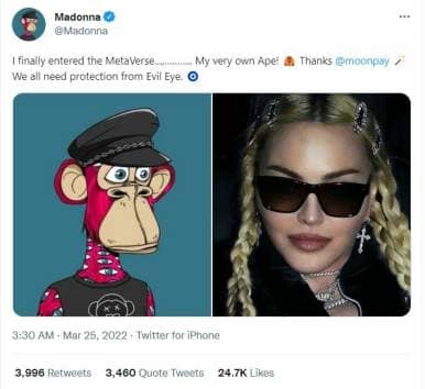 Tweet de Madonna annonçant l'achat d'un Bored Ape Yatch
