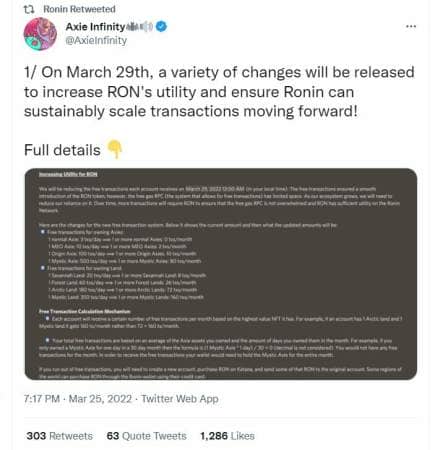 Tweet d'Axie Infinity à propos de la nouvel utilité du ROn
