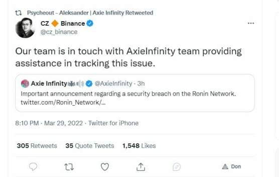 Tweet de CZ, CEO de Binance exprimant son entier soutien à Axie Infinity, victime d'un hack. 