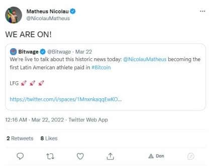 Tweet de Matheu Nicolau dans lequel il dit ne faire qu'un avec Bitwage, le service de paiement Bitcoin
