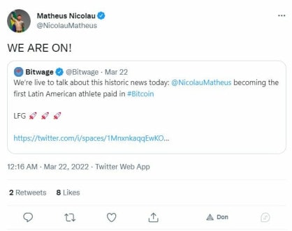 Tweet de Matheu Nicolau dans lequel il dit ne faire qu'un avec Bitwage, le service de paiement Bitcoin