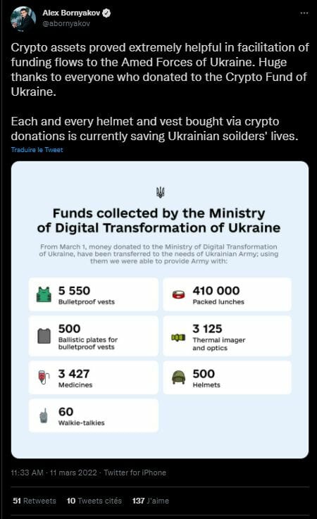 Le gouvernement ukrainien a communiquer la liste du matériel acheté avec les dons en cryptomonnaies.