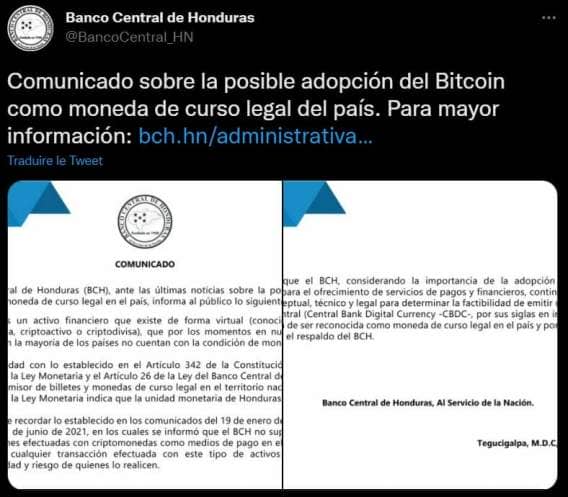 La mise au point de la Banque Centrale du Honduras suite aux multiples rumeurs annonçant le Bitcoin comme monnaie à cours légale dans le pays.