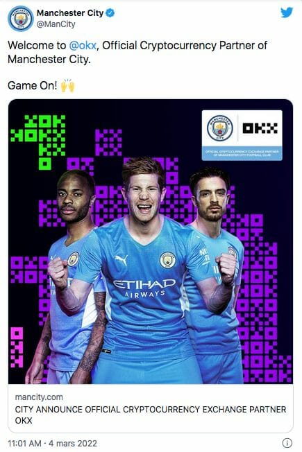 Tweet de Manchester City qui accueille OKX comme nouveau partenaire.