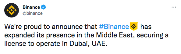 L'exchange de crypto-monnaies Binance obient sa licence pour opérer à Dubaï, aux Émirats arabes unis.
