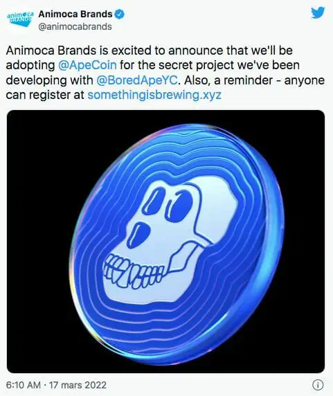Tweet d'Animoca Brands à propos de son partenariat avec BAYE