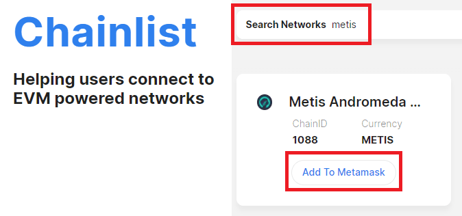 APerçu du site CHainlist.org permettant d'ajouter n'importe quel réseau blockchain à son wallet numérique (ex : Metamask)
