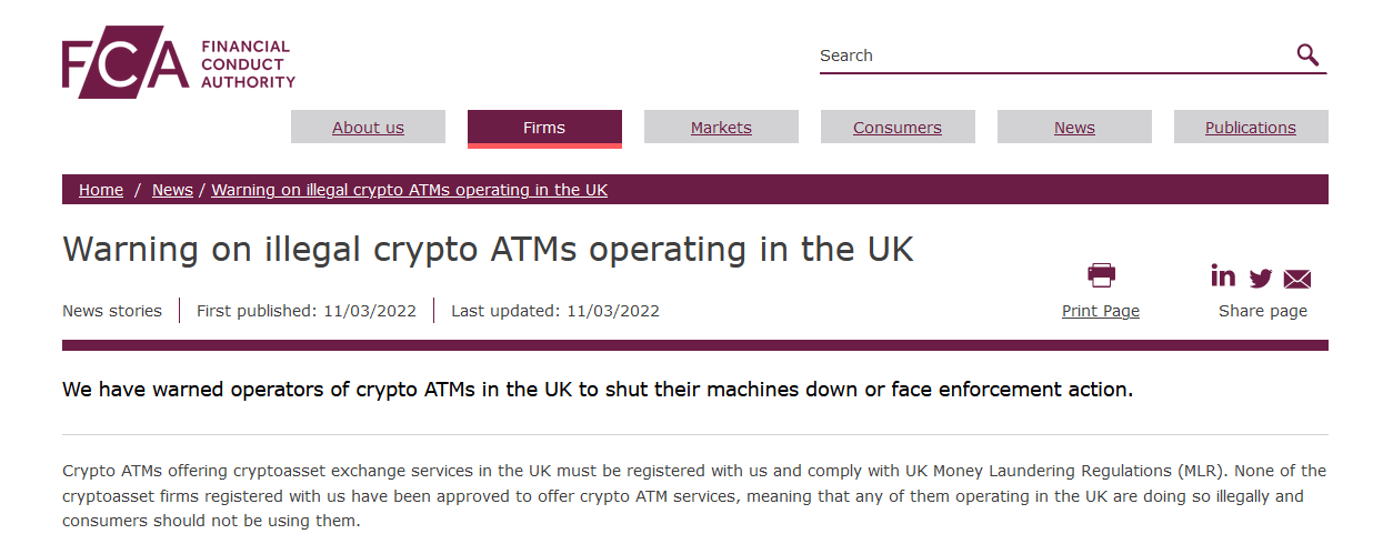 La FCA s'attaque aux opérateurs d'ATM Bitcoin