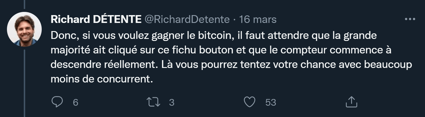 Richard Détente s'exprime dans un tweet sur le jeu du bouton Bitcoin et donne des astuces pour augmenter ses chances de gagner.