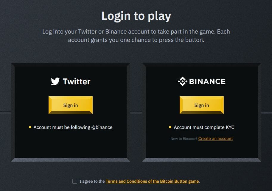 Il s'agit de l'interface de login pour jouer au jeu du bouton Bitcoin de Binance