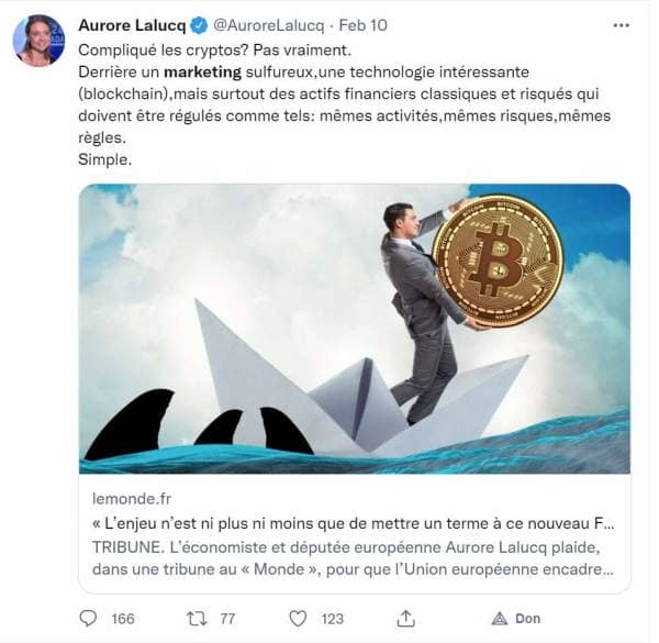 Tweet erroné d'Aurore Lalucq à propos des cryptomonnaies et leur régulation