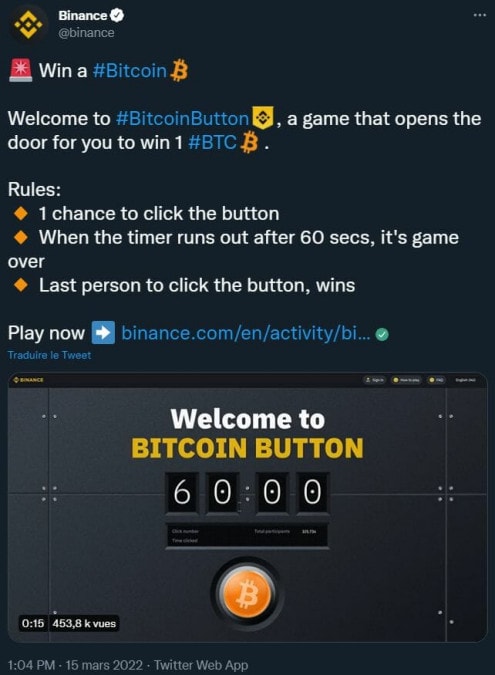 Tweet de Binance à propos du lancement de son nouveau jeu du Bouton Bitcoin.