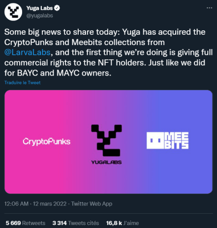 Tweet from Yuga Labs Announcing Acquisition of CryptoPunks and Meetbits Groups
