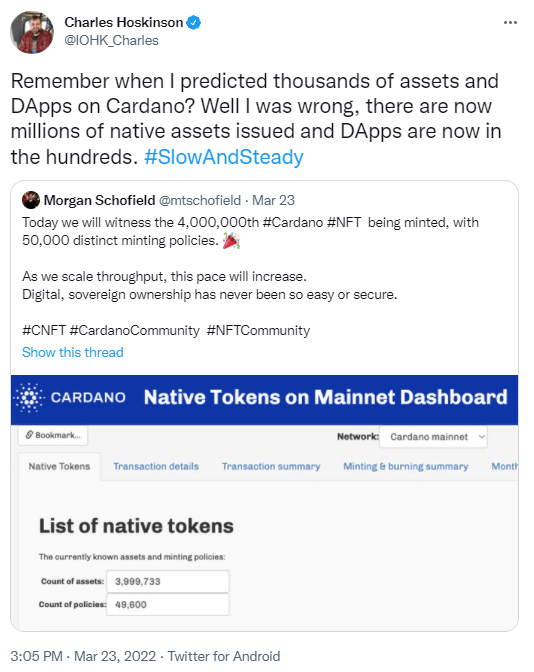 Charles Hoskinson a sous-évalué le succès du réseau Cardano.