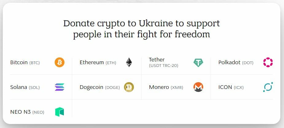 dons en bitcoin (BTC), en éther (ETH) et en autres cryptomonnaies pour l'Ukraine.