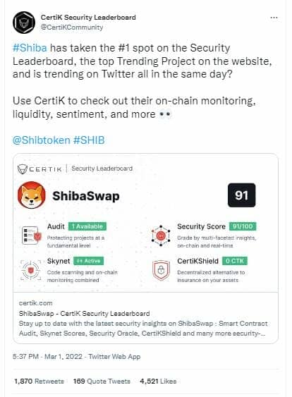 ShibaSwap à la première place du classement de Certik en matière de sécurité.