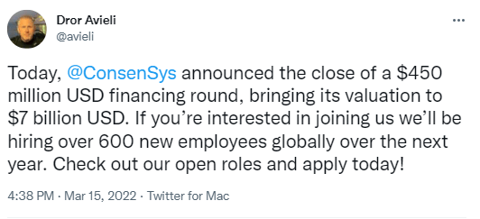 Dror Avieli, CEO in Israel of Consensys, announces the recruitment of 600 employees at ConsenSys, in addition to the fundraising of 450 million dollars.