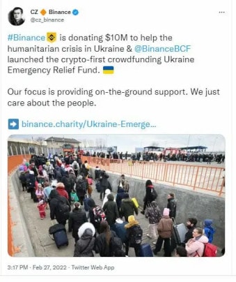 Le CEO de Binance annonce sur un tweet un don de 10 millions de $ à l'aide humanitaire Ukrainienne.