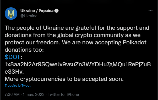 Tweet du gouvernement ukrainien annonçant, qu'ils acceptent les dons en DOT