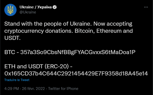 Tweet du gouvernement ukrainien annonçant qu'ils acceptent les dons en BTC et ETH