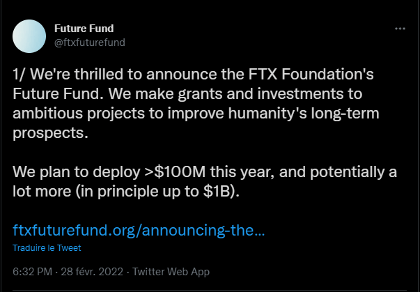 Il y a quelques jours de cela, FTX annonçait sur le site officiel de sa fondation avoir crée un fonds de 100 millions de dollars pour l'Intelligence artificielle.