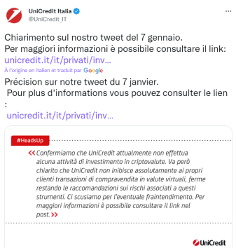 Capture écran tweeter déclaration d'Unicredit Italia afin dexprimer leur choix par rapport à la ferme de mining de BTC.