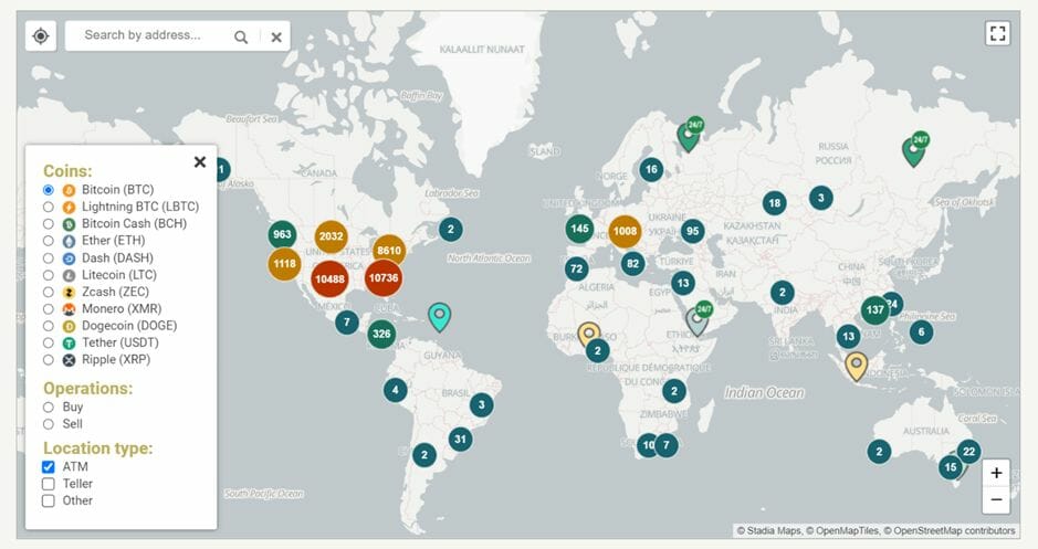 Représentation sur carte de la répartition des ATM Bitcoin dans le monde.