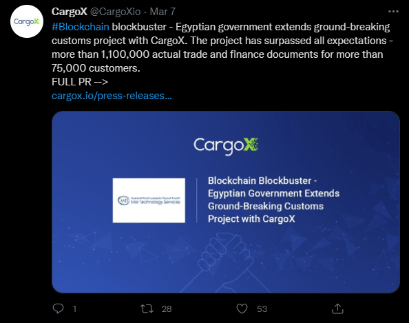 Annonce twitter de CargoX