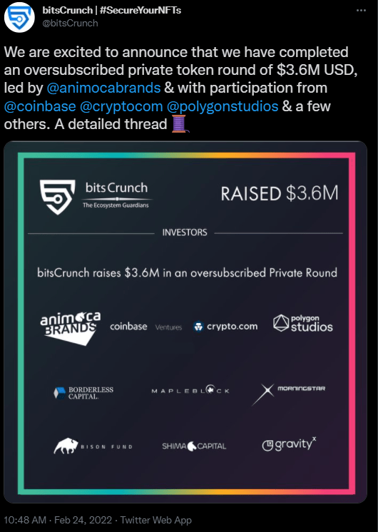 Annonce de BitsCrunch à propos de sa levée de fonds sur Twitter