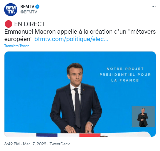 Emmanuel Macron annonce un métavers européen pour son prochain quinquennat.