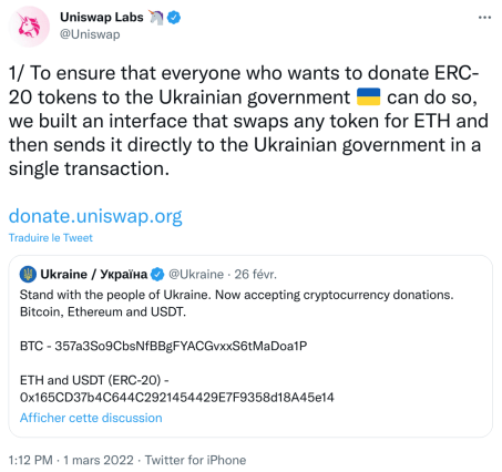 Tweet d'Uniswap annonçant une interface ou on peut swapper n'importe quelle crypto en ETH pour faire des dons à l'Ukraine.