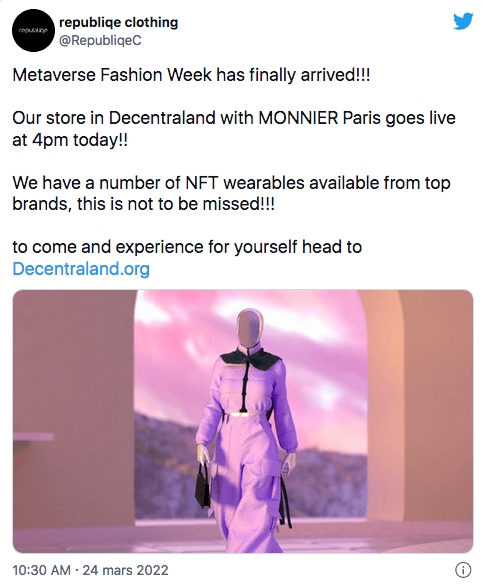 Republiqe Clothing shows off its NFT fashion designs on the Decentraland metaverse