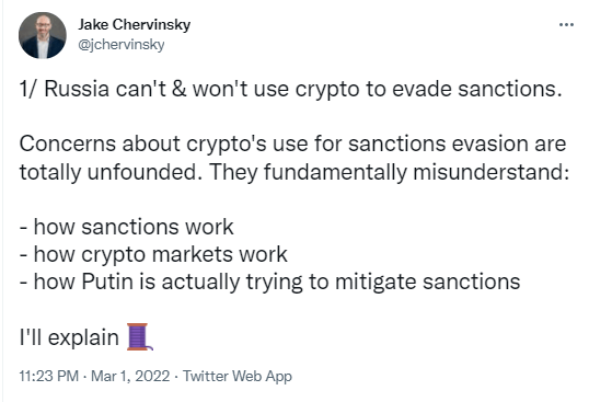Jake Chervinsky, avocat et responsable des politiques de la Blockchain Association aux États-Unis, exprime ainsi ses doutes, surtout avec une réglementation russe sur les cryptos encore balbutiante.