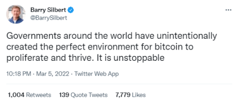 Tweet dans Barry Silbert qui explique que les gouvernements du monde entier crée un environnement propice au développement de Bitcoin.