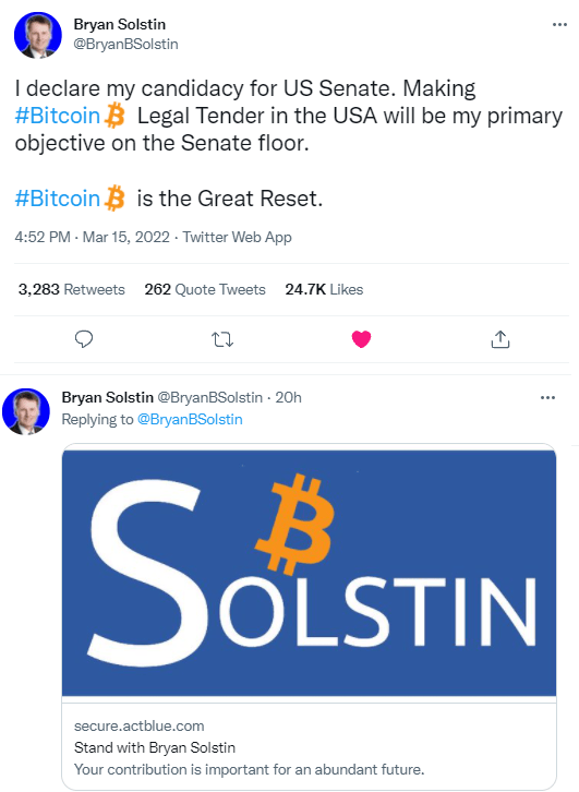 Le candidat au Sénat US Bryan Solstin veut faire de Bitcoin une monnaie à cours légal.