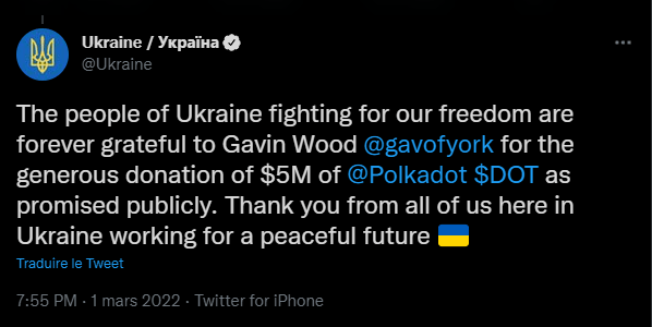 Tweet du compte officiel du gouvernement ukrainien remerciant Polkadot pour son don de 5 millions de dollars.