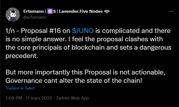 Tweet d'un membre de la communauté Juno qui remet en question la mise en application de la proposition 16