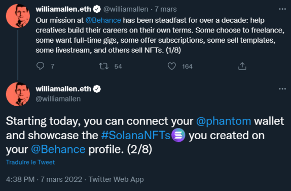 Tweet de William Allen, à la tête de Behance et vice-président d'Abode concernant l'intégration de Solana et du wallet Phantom à sa plateforme