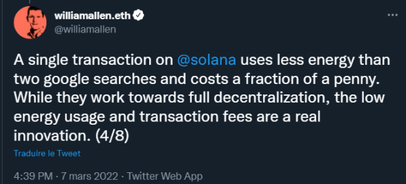 Tweet de William Allen, à la tête de Behance et vice-président d'Abode concernant le faible coût d'utilisation de la blockchain Solana.