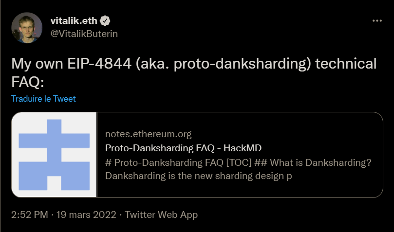 Tweet de Vitalik Buterin abordant la notion de Proto-Danksharding